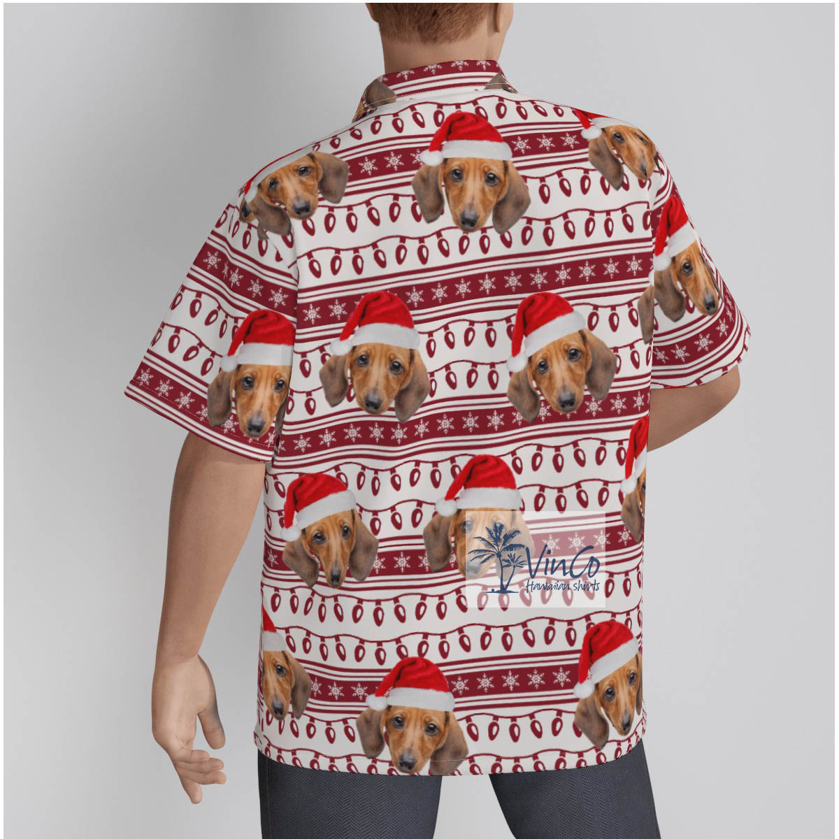 Custom Dog Photo Christmas Lights Hawaiian Button Up Shirt