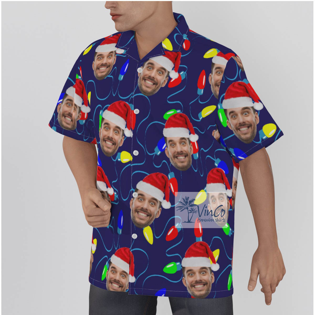 Custom Faces Hawaiian Button Up Shirt for Men with Christmas Theme