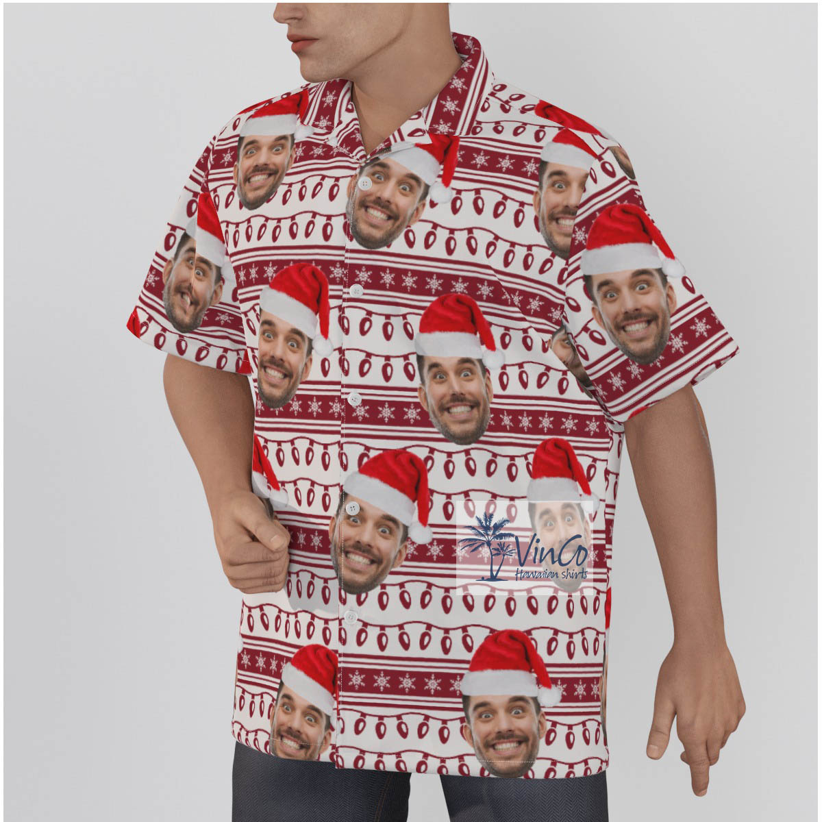 Custom Face All Over Print Christmas Aloha Hawaiian Shirt Christmas Lights