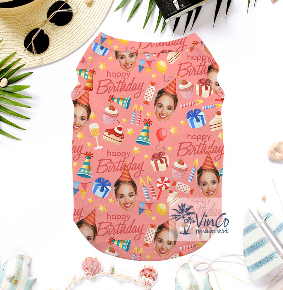 Funny Custom Face Birthday Pink Hawaiian Tank Top For Dog