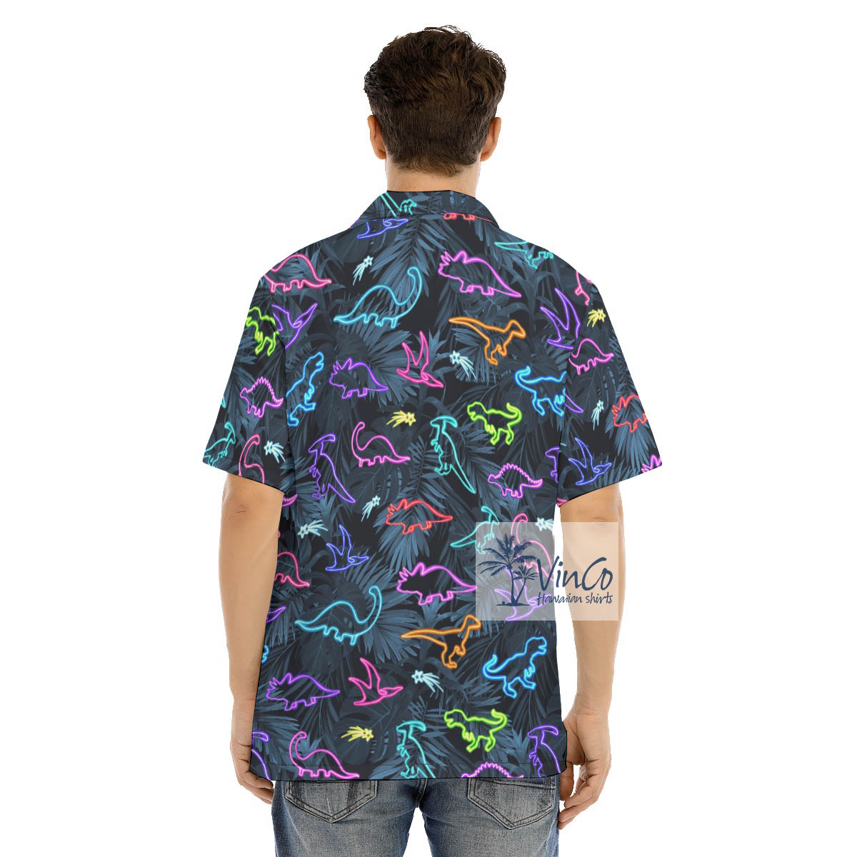 Neon Dinosaur Tropical Hawaiian Button Up Shirt