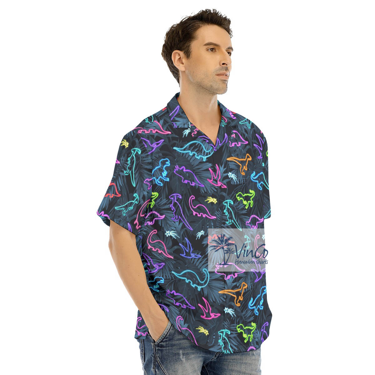 Neon Dinosaur Tropical Hawaiian Button Up Shirt