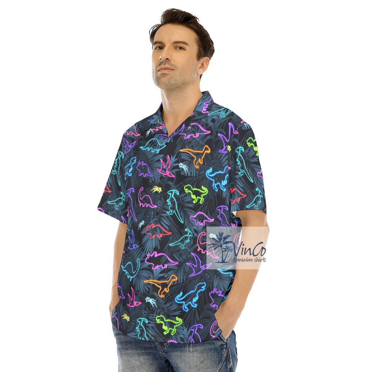 Neon Dinosaur Tropical Hawaiian Button Up Shirt