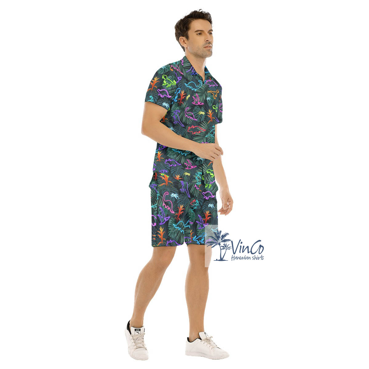 Neon Dinosaur Tropical Button Shirt Shorts For Men