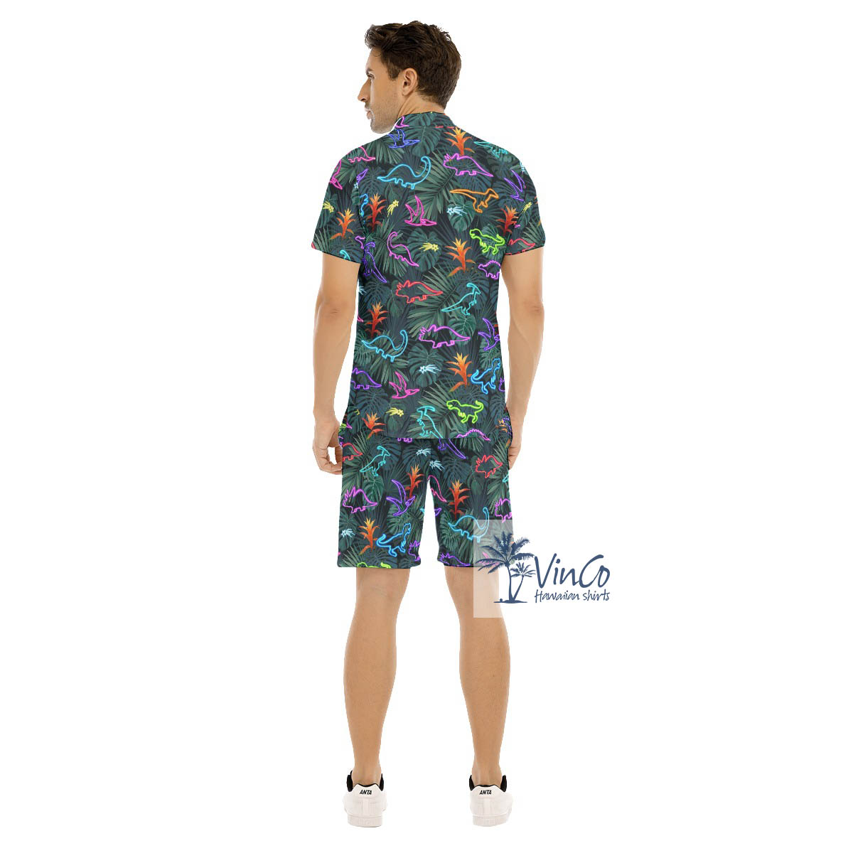 Neon Dinosaur Tropical Button Shirt Shorts For Men