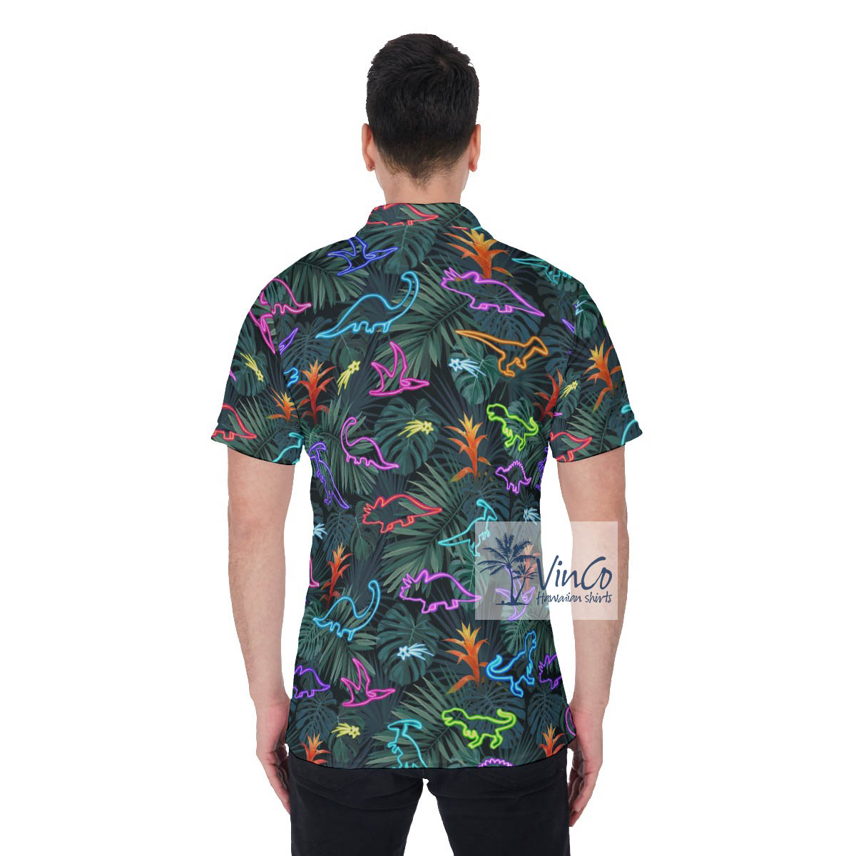 Neon Dinosaur Tropical Hawaiian Golf Shirt Polo