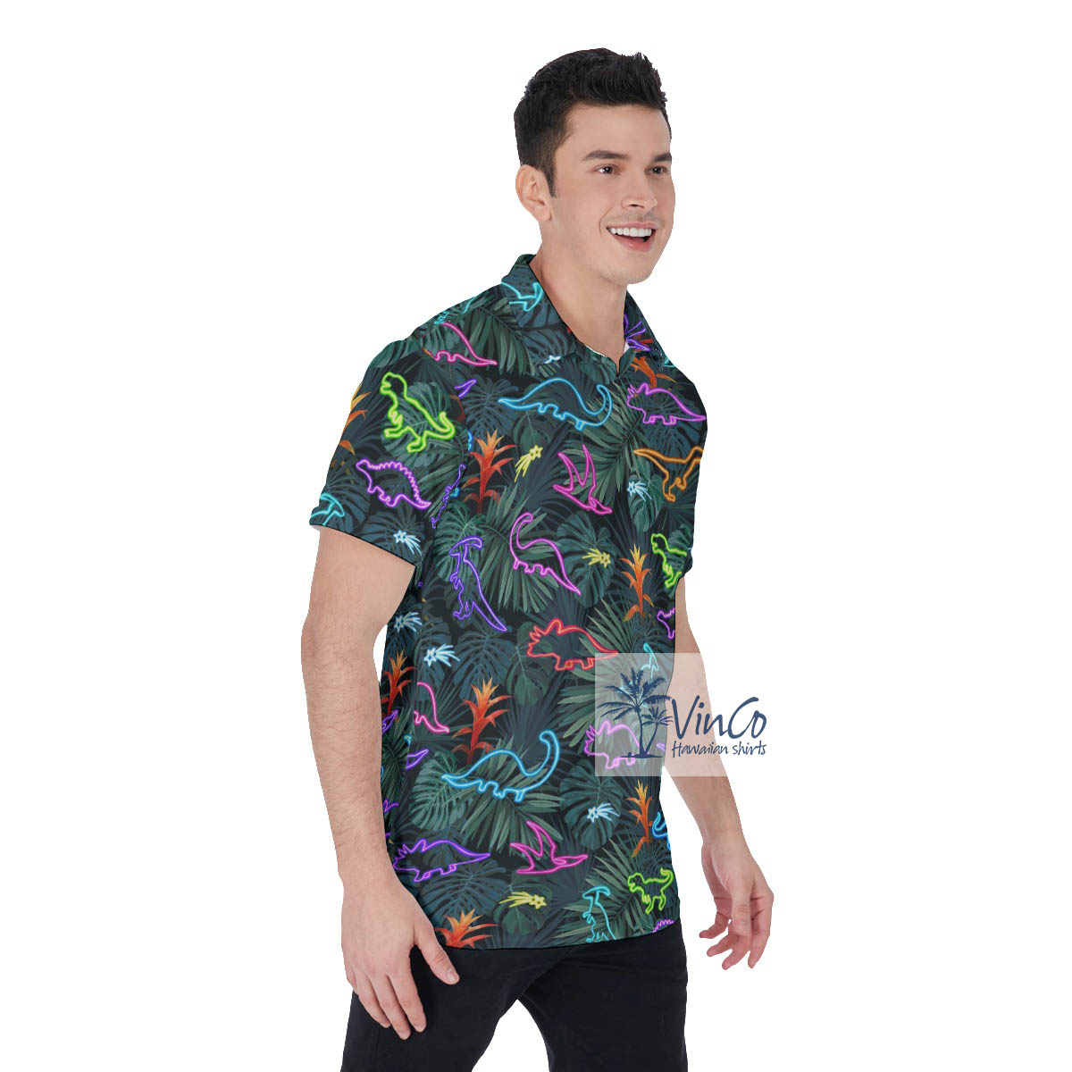 Neon Dinosaur Tropical Hawaiian Golf Shirt Polo