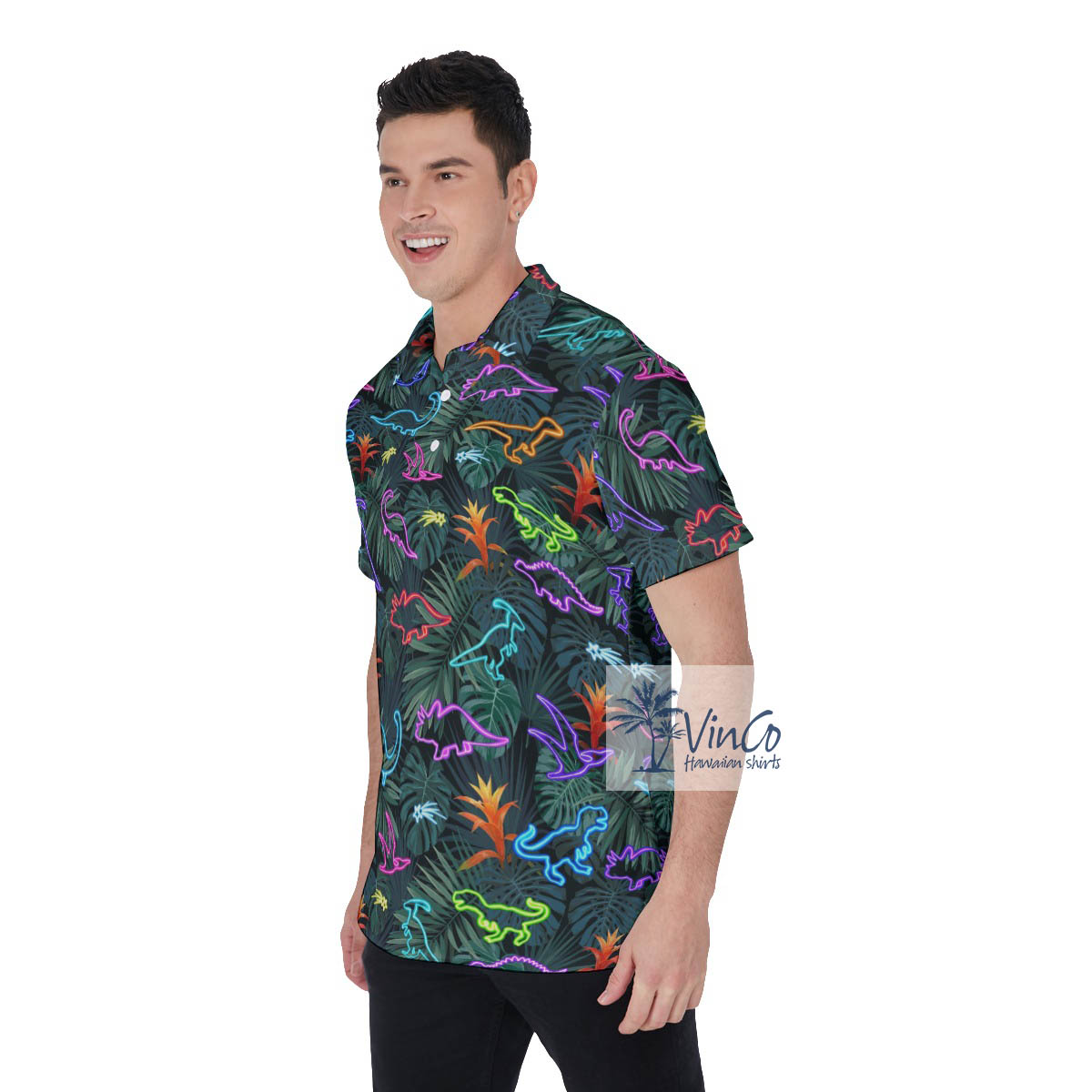 Neon Dinosaur Tropical Hawaiian Golf Shirt Polo