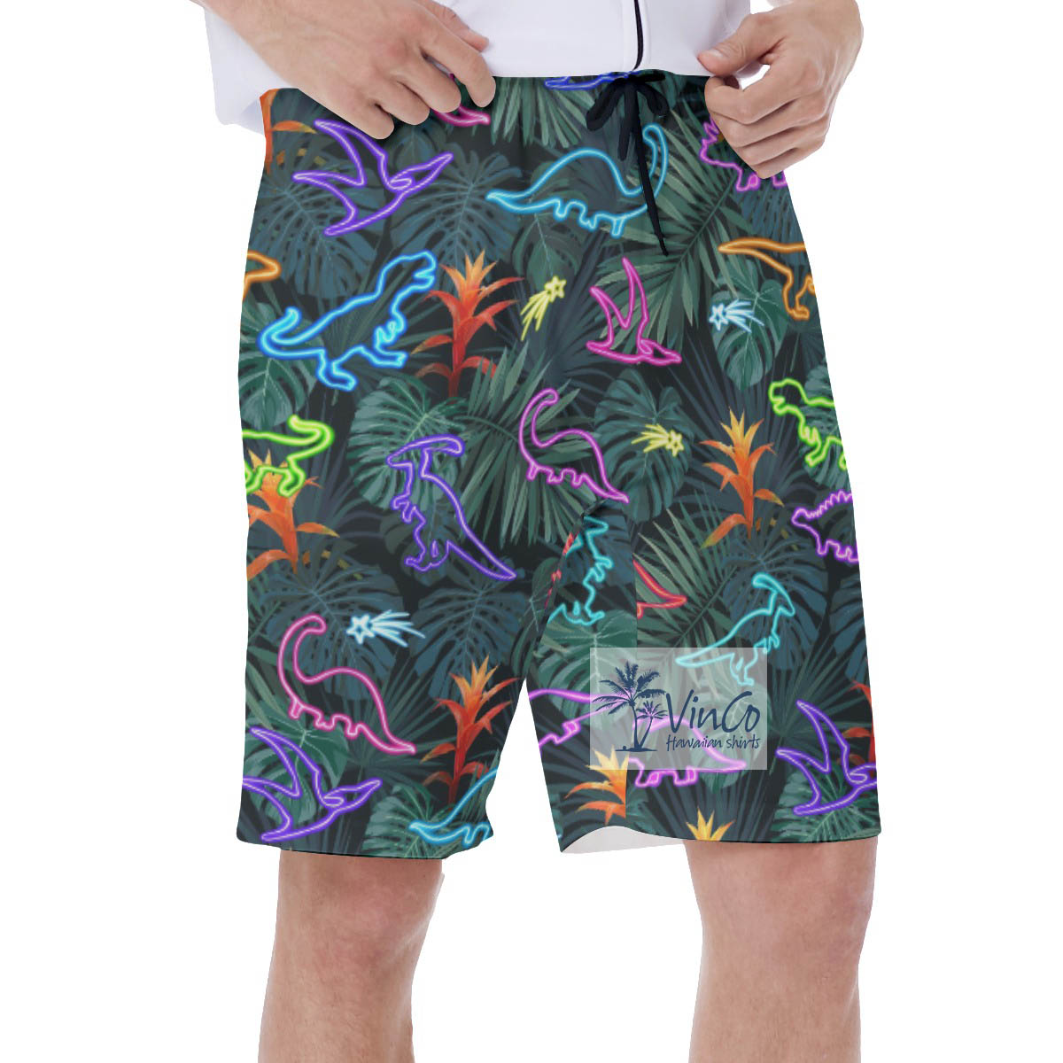 Funny Neon Dinosaur Tropical Swim Trunks For Men