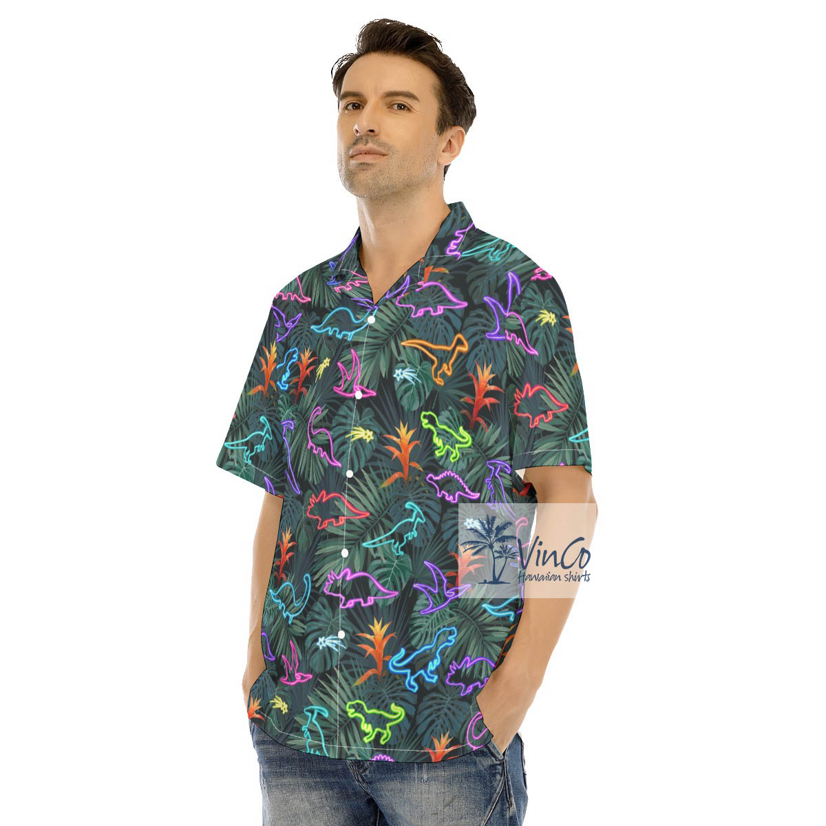Neon Dinosaur Tropical Shirt For Men