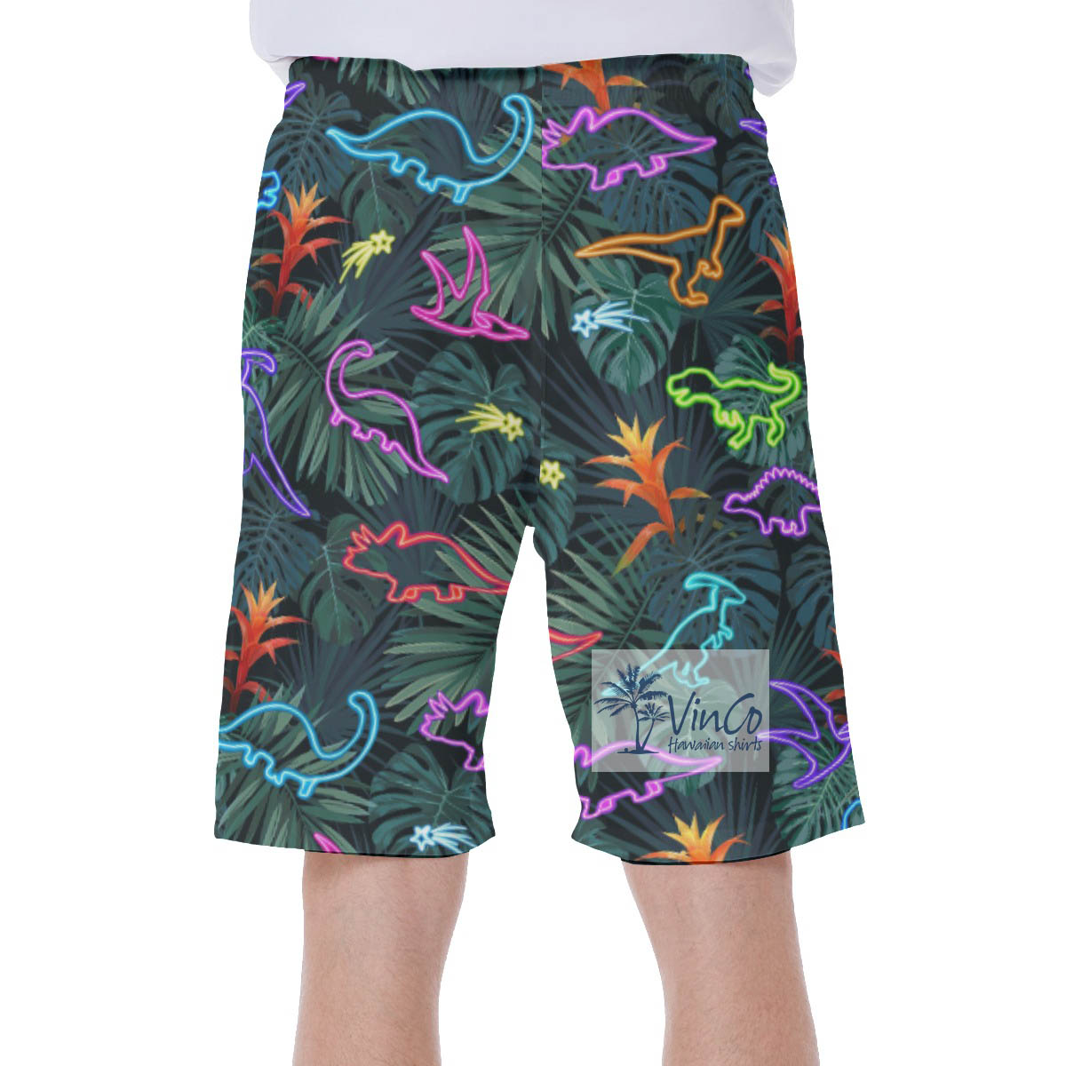 Funny Neon Dinosaur Tropical Swim Trunks For Men