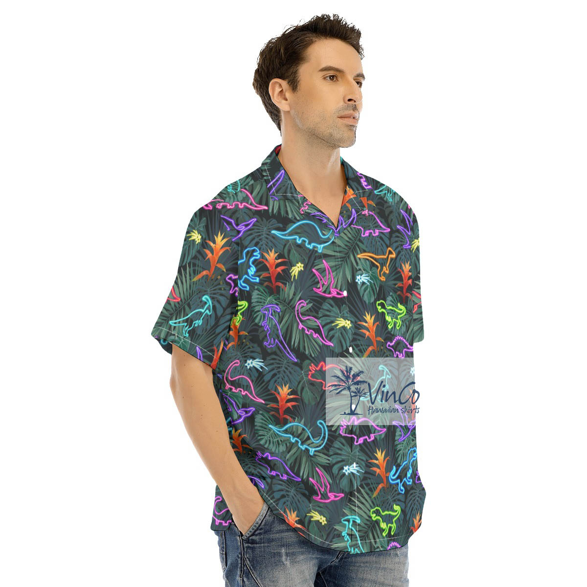 Neon Dinosaur Tropical Shirt For Men