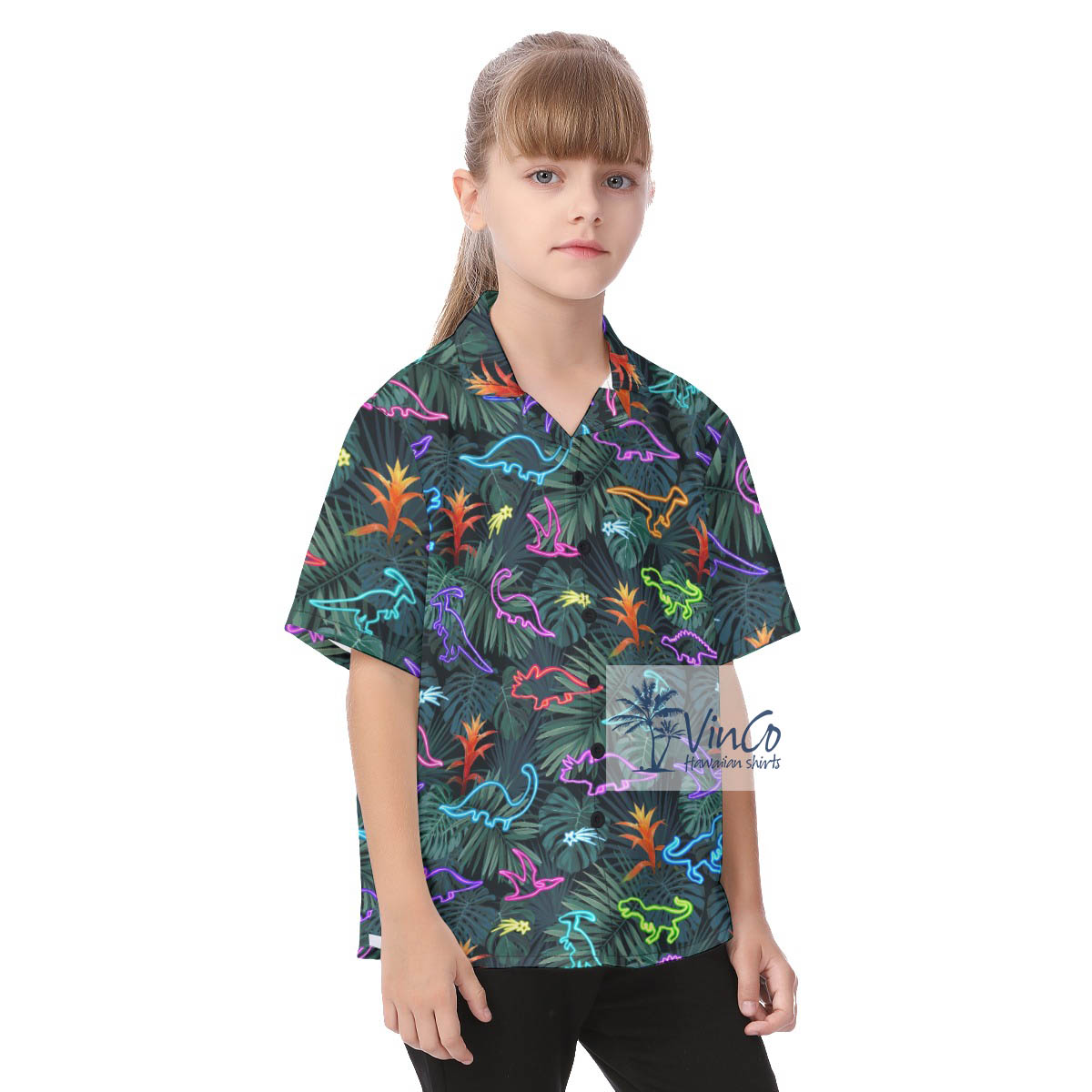 Cute Neon Dinosaur Tropical Button Shirt For Kids