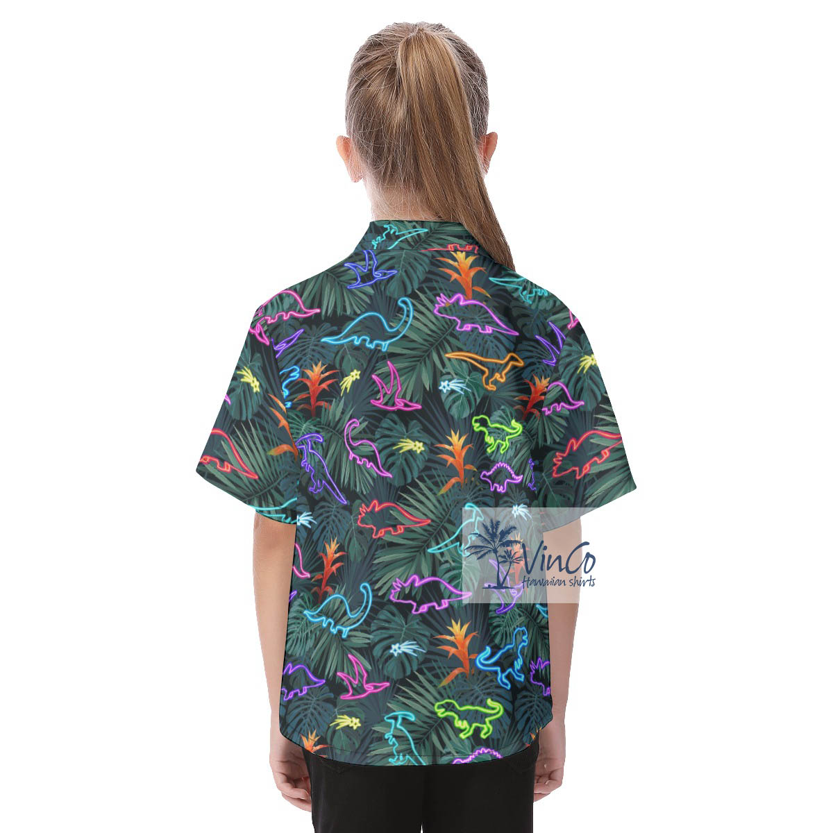 Cute Neon Dinosaur Tropical Button Shirt For Kids