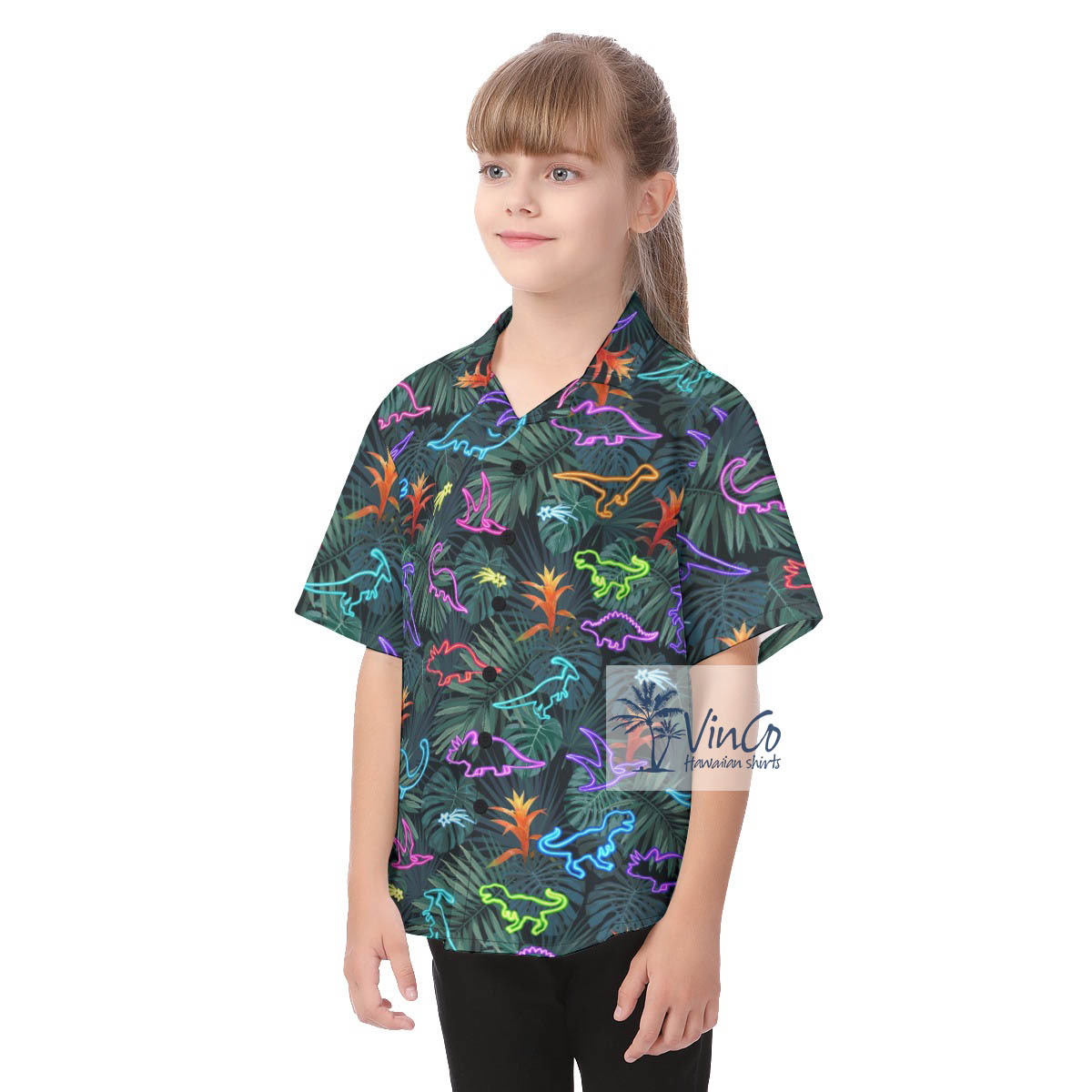 Cute Neon Dinosaur Tropical Button Shirt For Kids