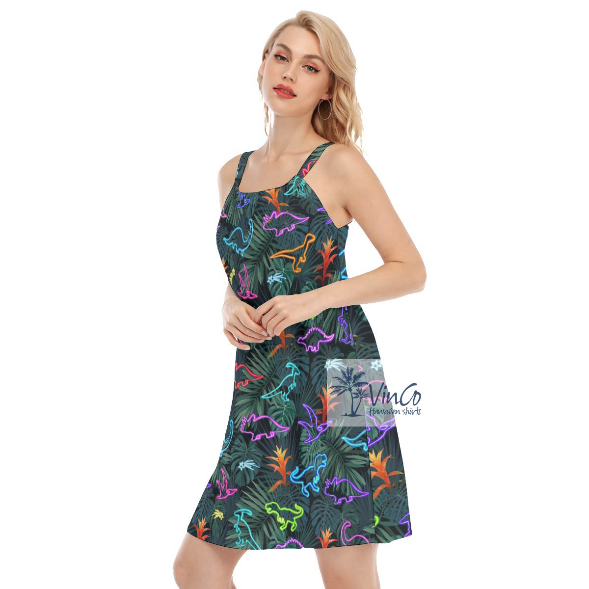 Tropical Neon Dinosaur Summer Dress For Women