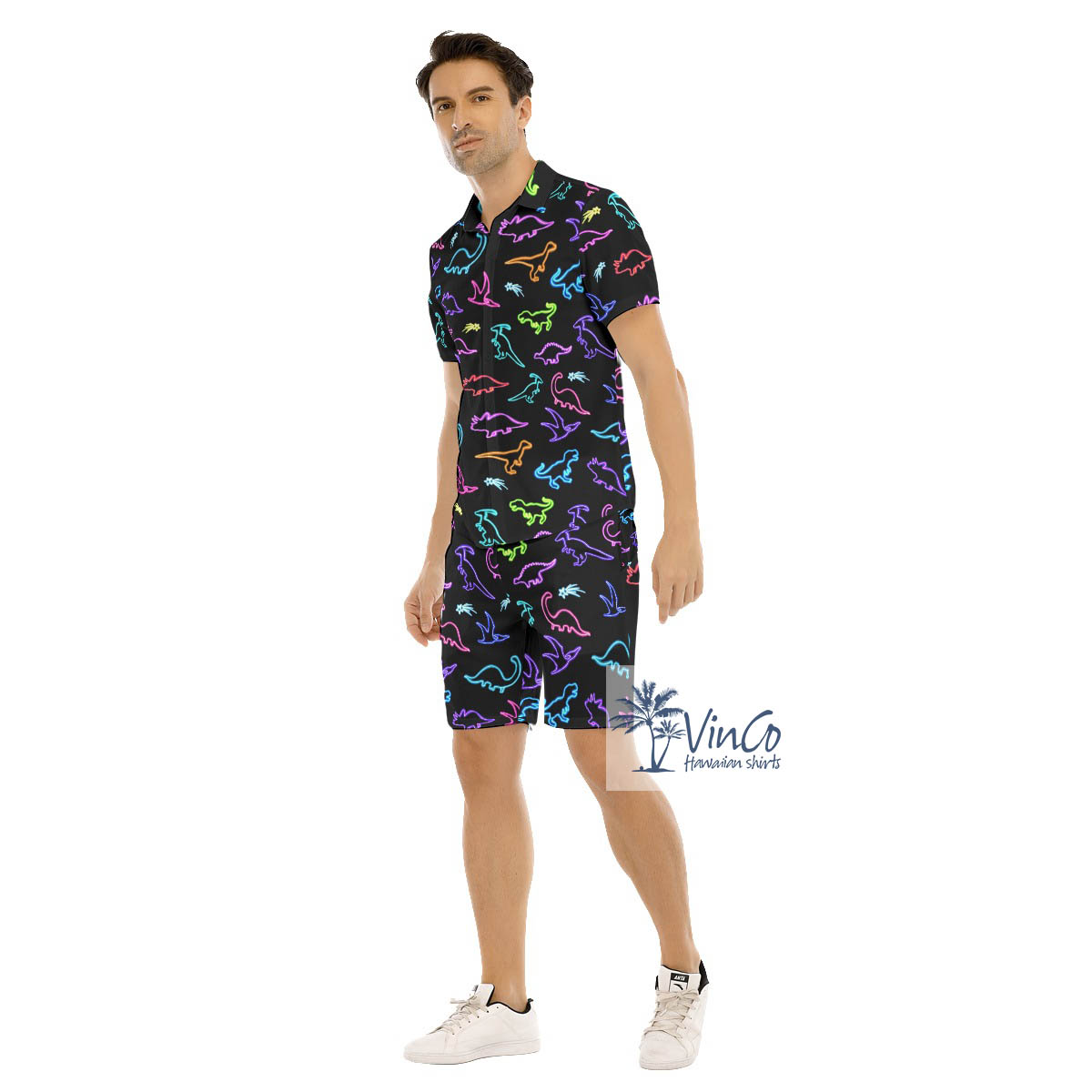 Neon Dinosaur Hawaiian Button Up Shirt And Shorts For Men