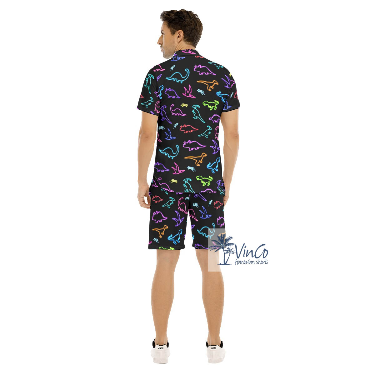 Neon Dinosaur Hawaiian Button Up Shirt And Shorts For Men