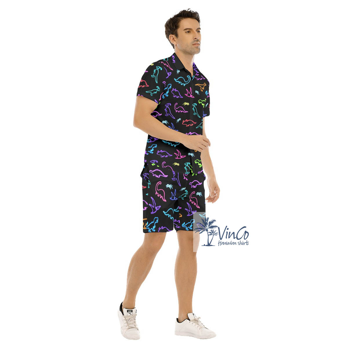 Neon Dinosaur Hawaiian Button Up Shirt And Shorts For Men