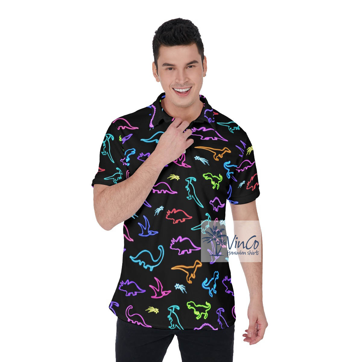Funny Neon Dinosaur Polo Shirt For Men - variant image 1