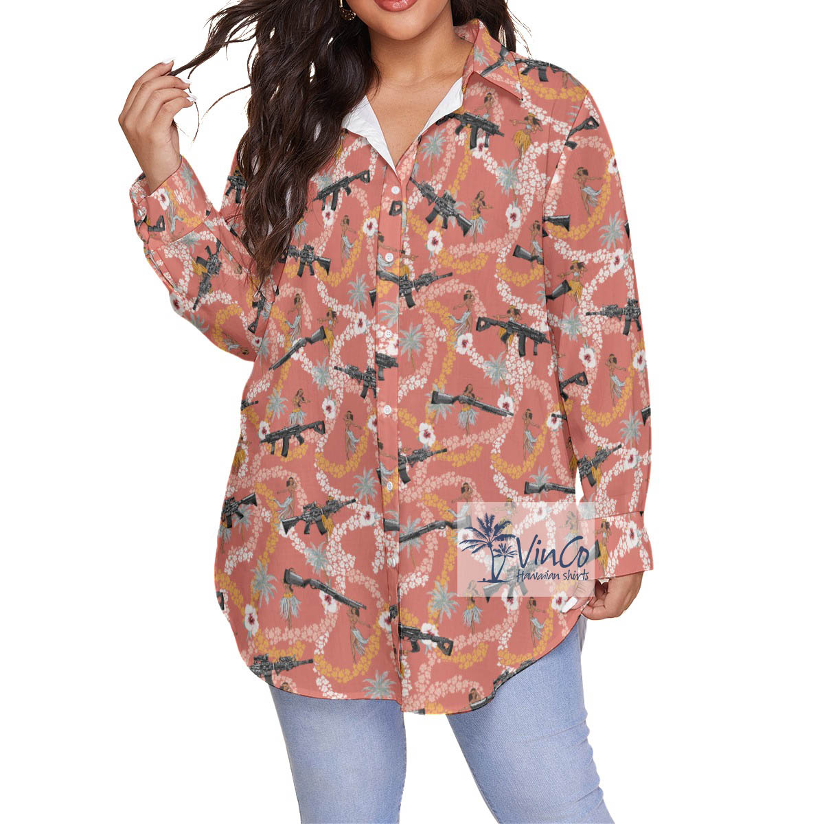 Floral Hula Girl Long Gun Plus Size Aloha Shirt For Women - variant image 1