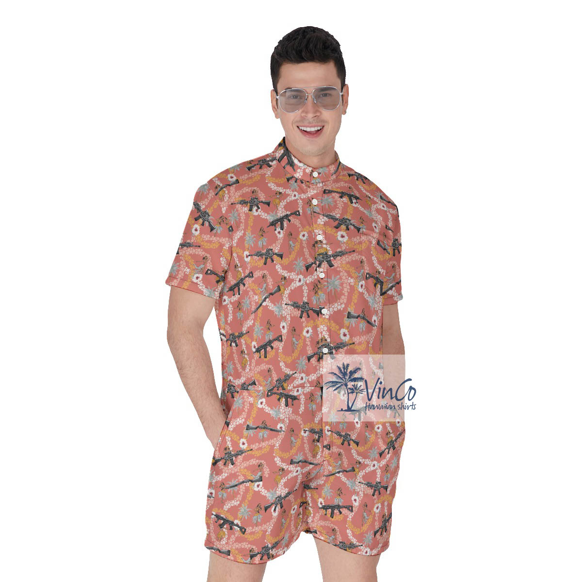 Funny Hula Girl With Gun Floral Hawaiian Romper For Men - variant image 1