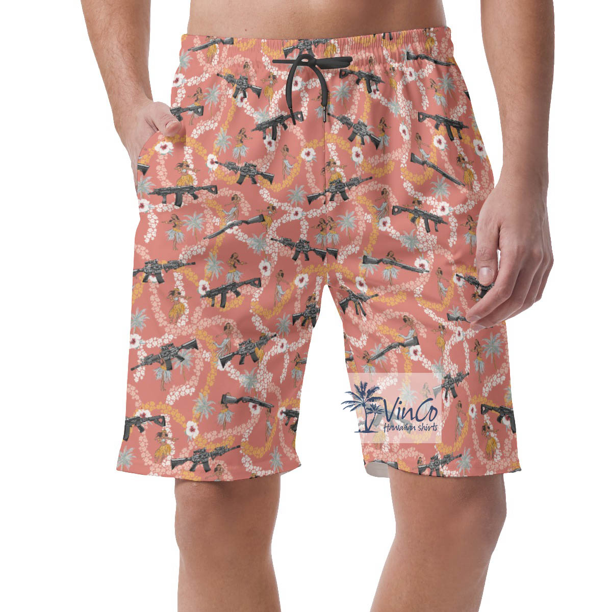 Funny Long Gun Floral Pink Hawaiian Summer Shorts For Men - variant image 1