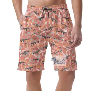 Funny Long Gun Floral Pink Hawaiian Summer Shorts For Men