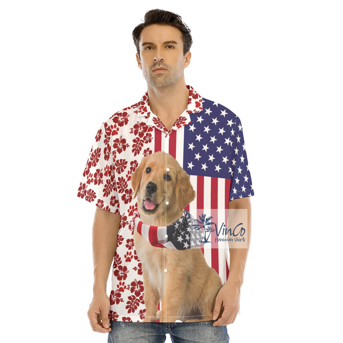 Golden Retrievers Patriotic 4th Of July Button Up Hawaiian Shirt - variant image 1