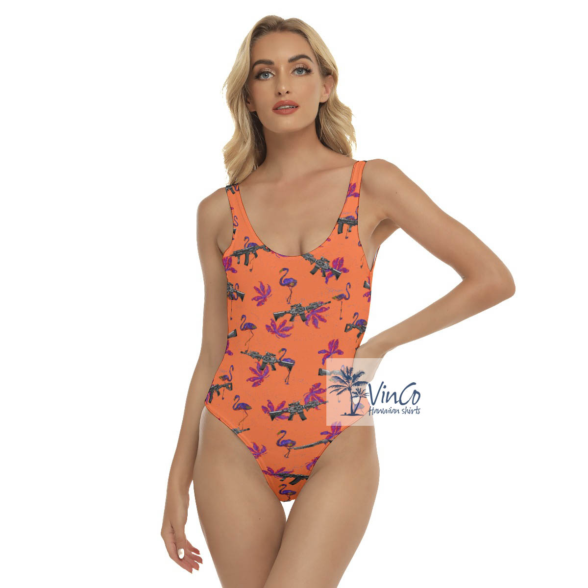 Flamingo With Gun Orange Hawaiian Swimsuit For Women - variant image 1