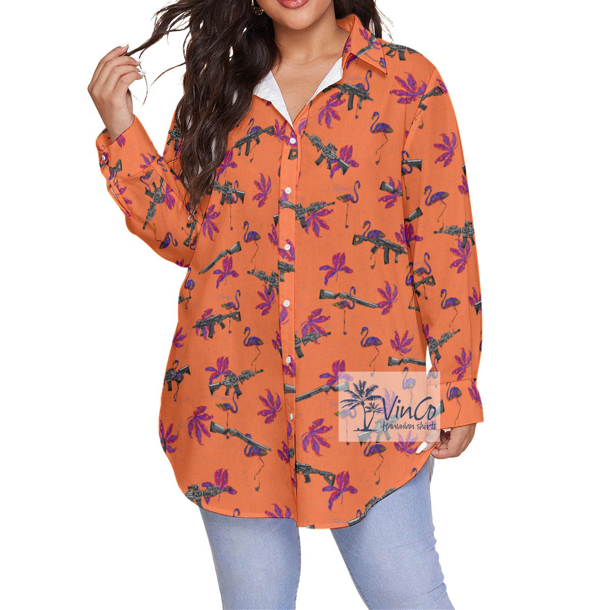 Funny Flamingo With Long Gun Orange Plus Size Hawaiian Shirt - variant image 1