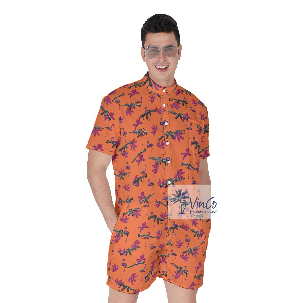 Funny Flamingo Gun Orange Hawaiian Romper For Men - variant image 1