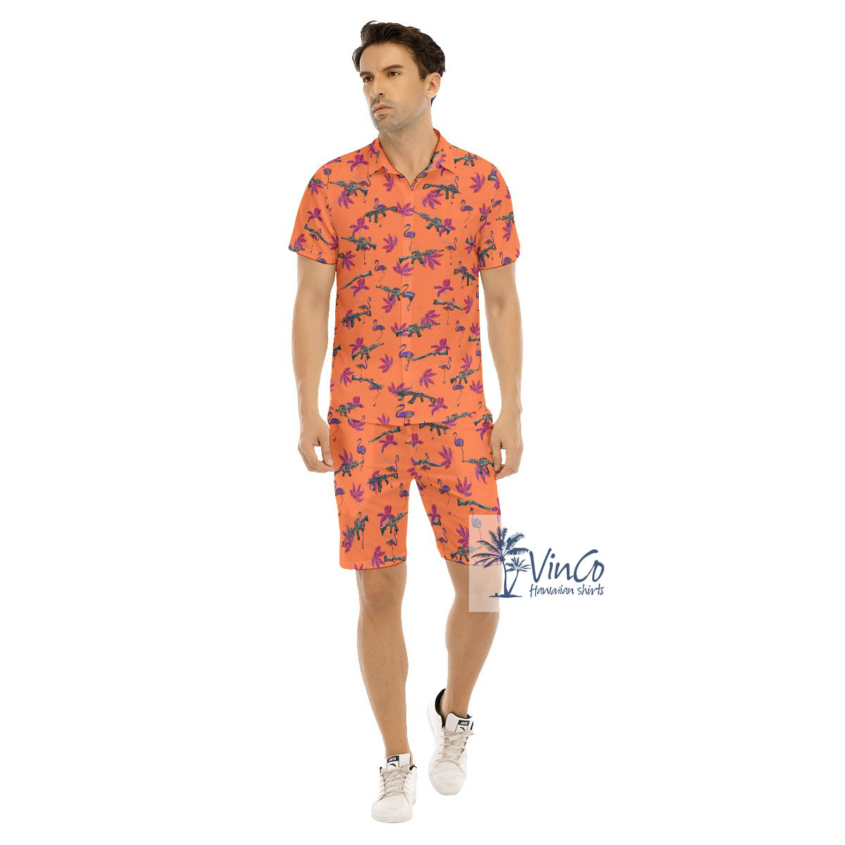 Funny Flamingo With Gun Orange Hawaiian Shirt And Shorts For Men - variant image 1