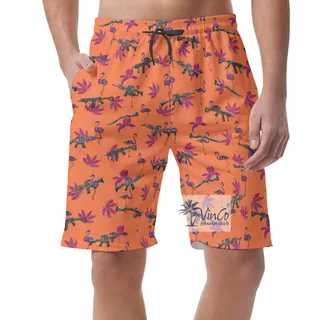 Flamingo Long Gun Orange Hawaiian Beach Shorts