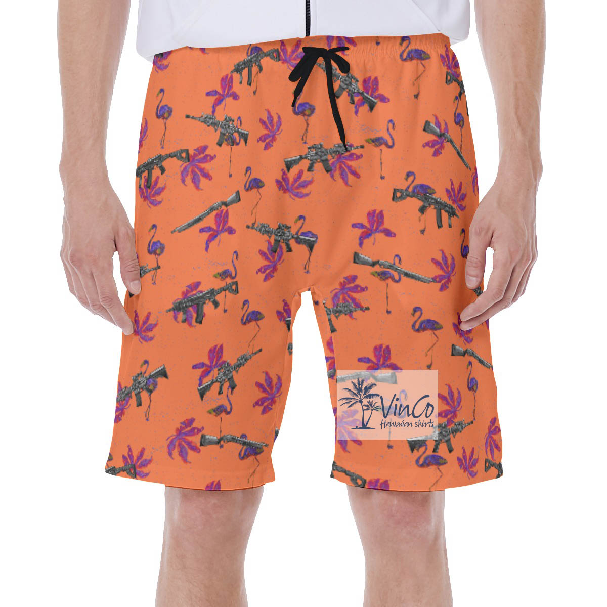 Funny Flamingo Gun Floral Orange Hawaiian Swim Trunks For Men - variant image 1