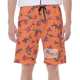 Funny Flamingo Gun Floral Orange Hawaiian Swim Trunks For Men