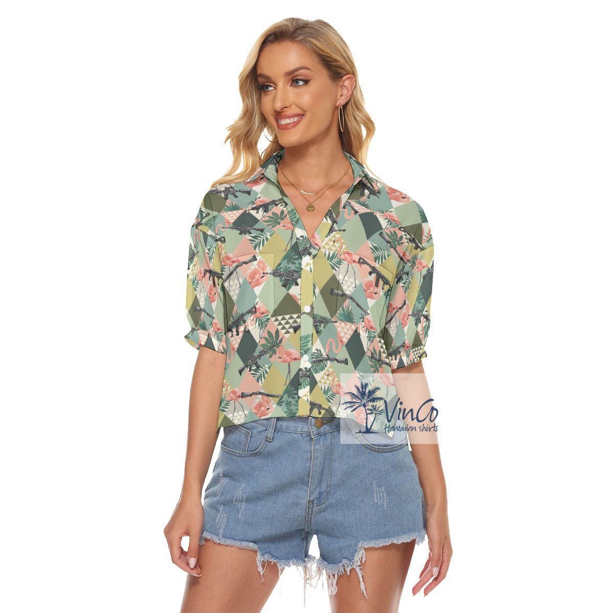 Funny Tropical Flamingo Gun Hawaiian Crop Top Shirt - variant image 1