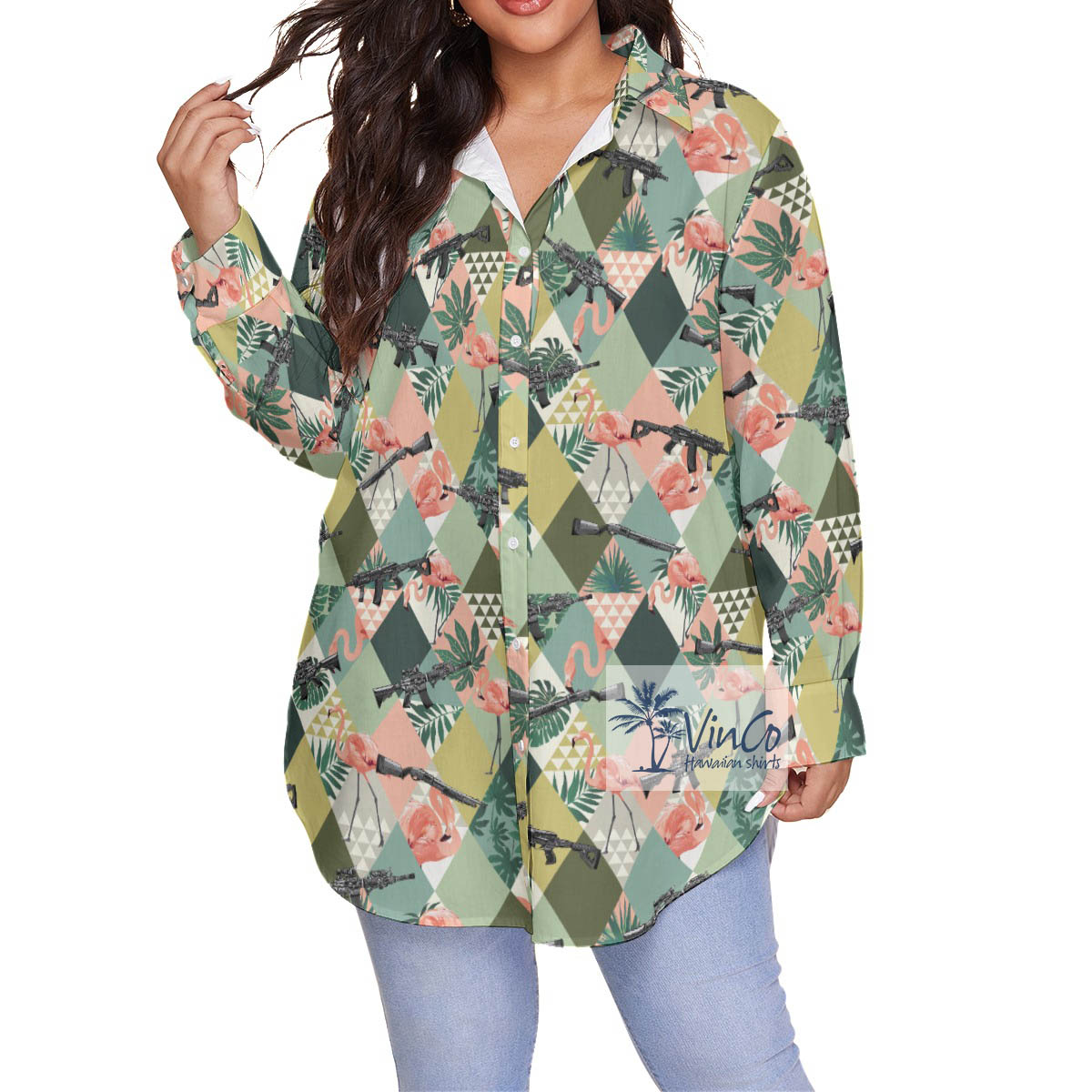 Green Tropical Flamingo Gun Hawaiian Oversize Shirt - variant image 1