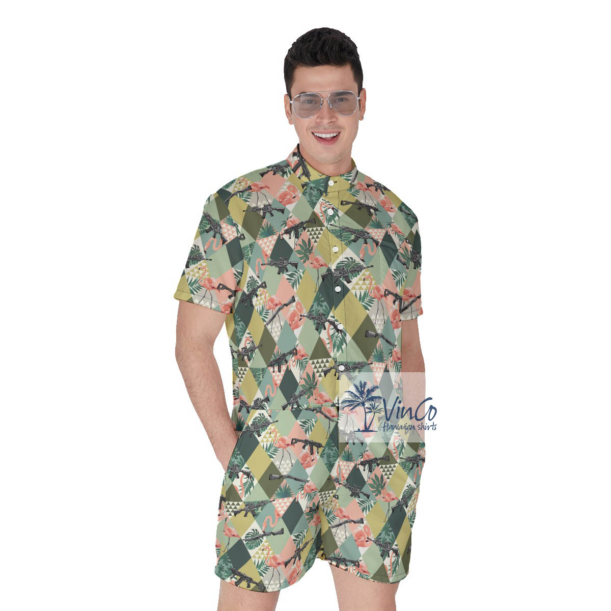 Tropical Flamingo Gun Green Hawaiian Romper - variant image 1