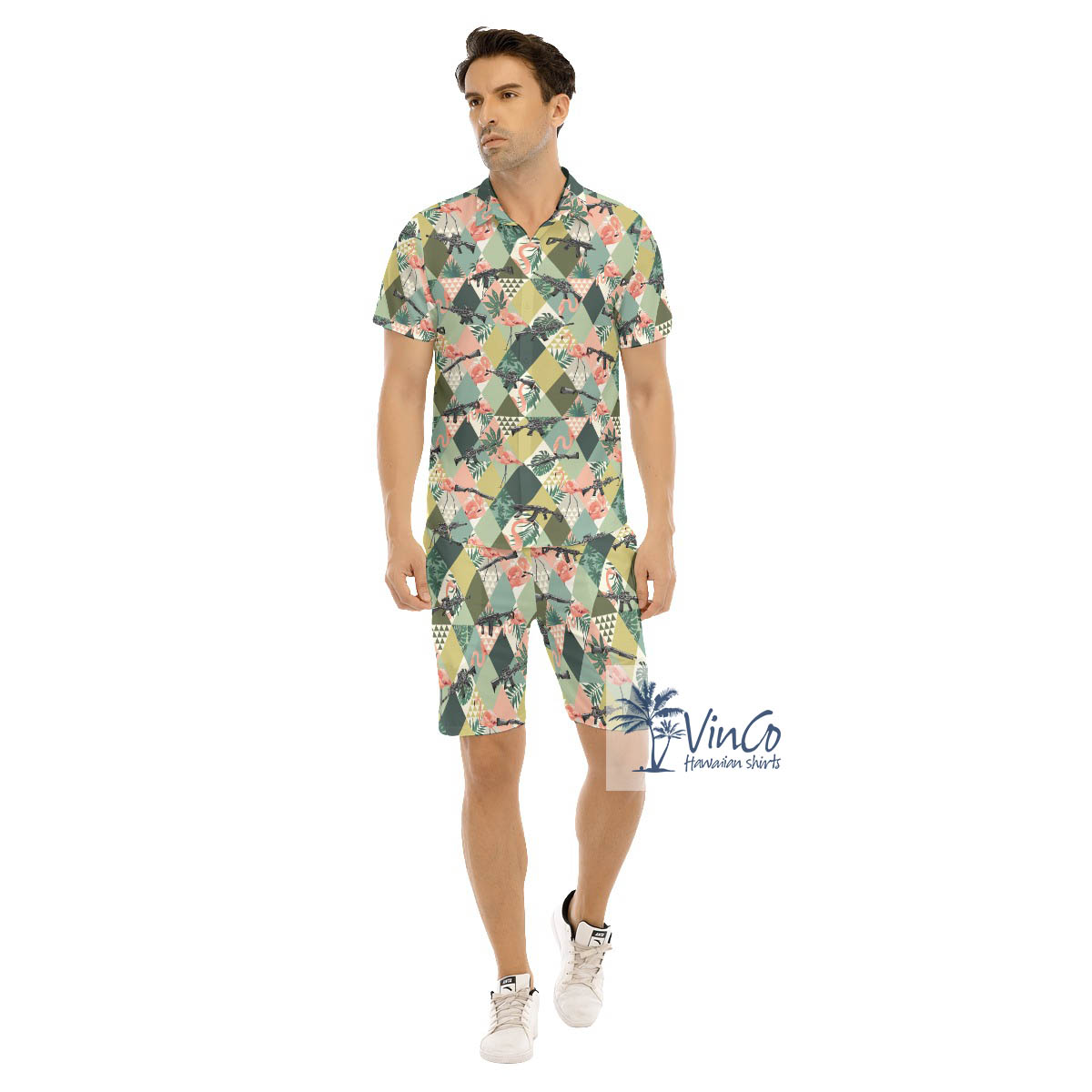 Set Tropical Flamingo Gun Hawaiian Shirt And Shorts For Men - variant image 1