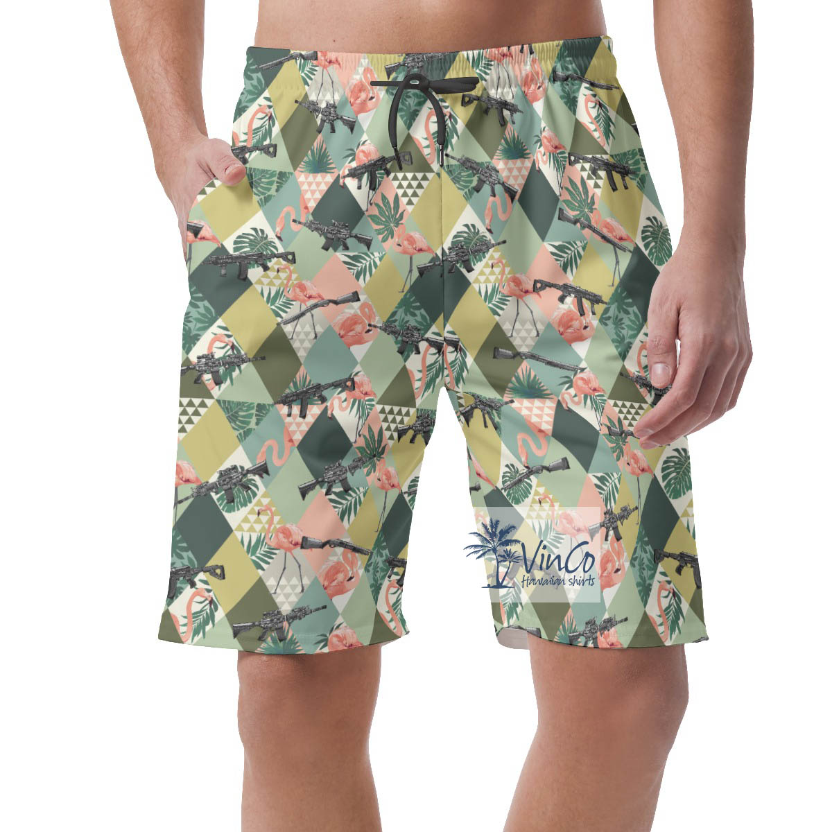 Funny Flamingo With Gun Tropical Summer Shorts For Men - variant image 1