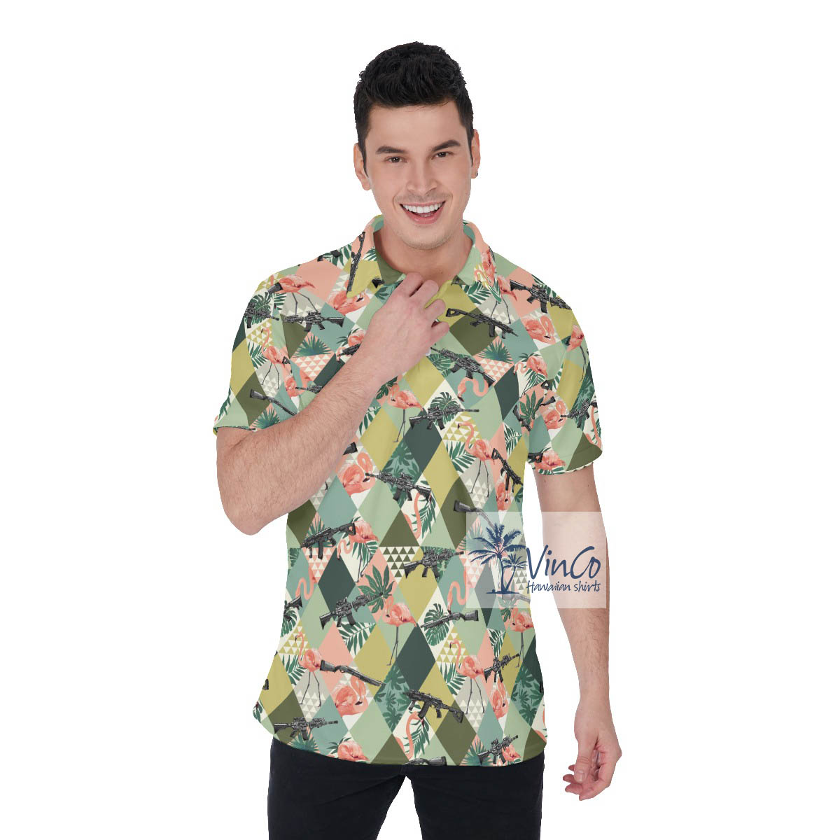Tropical Flamingo Gun Hawaiian Polo Golf Shirt - variant image 1