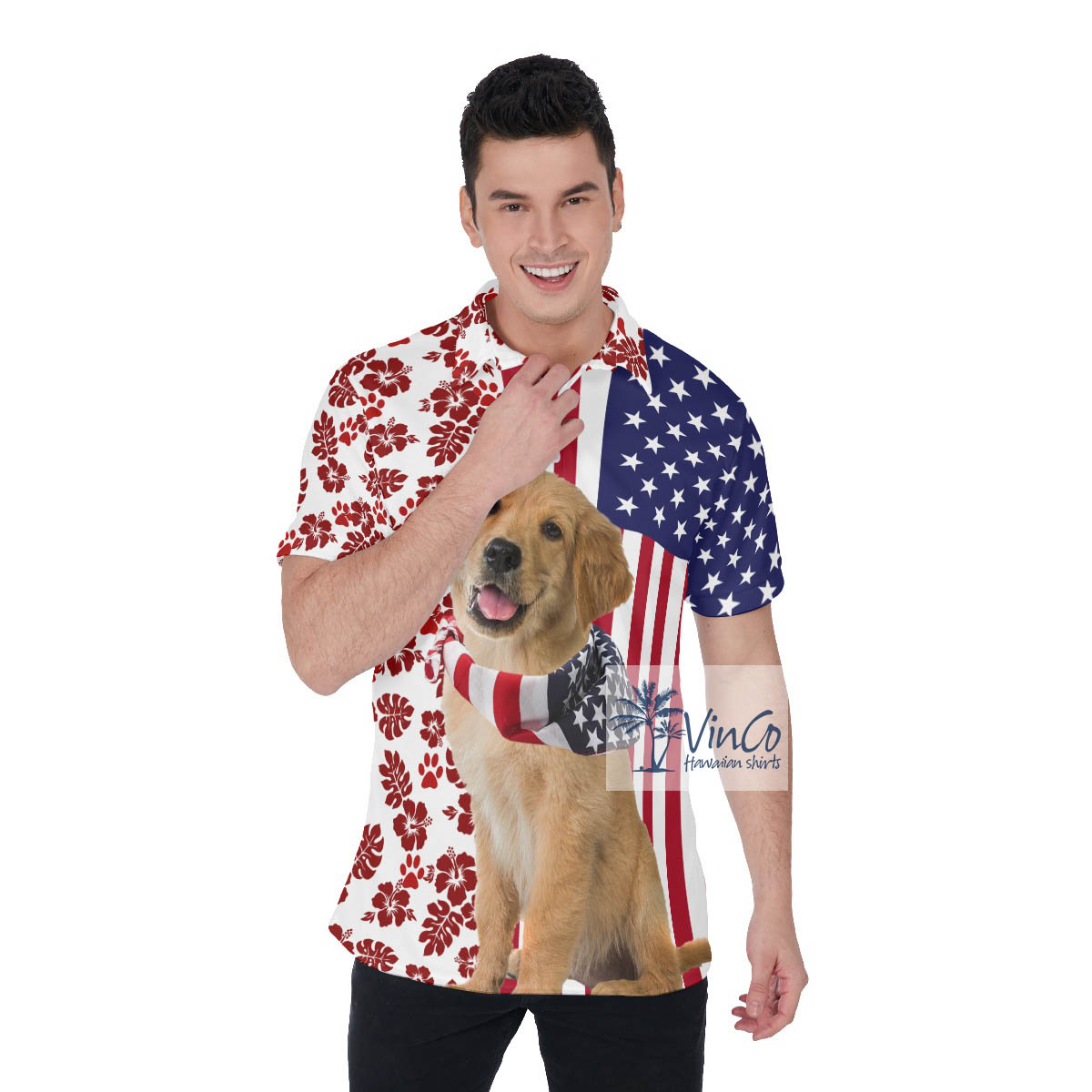 Golden Retrievers American Patriotic Hawaiian Golf Shirt For Men - variant image 1