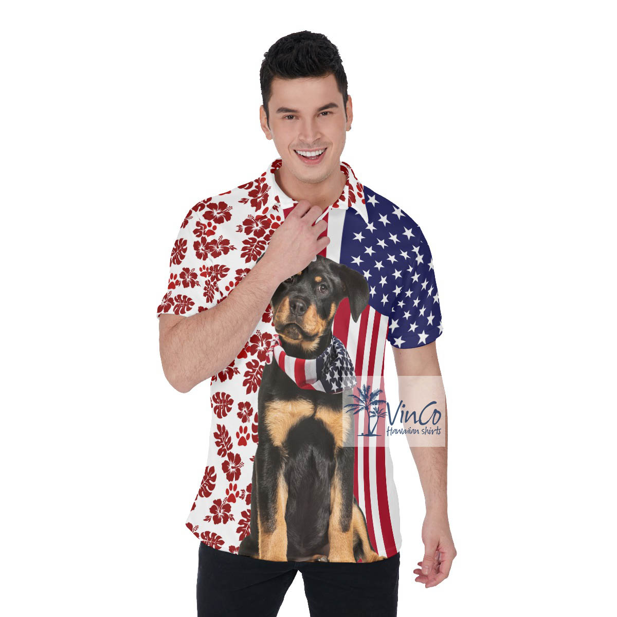 Patriotic Rottweiler American Flag Pattern Polo Golf Shirt For Men - variant image 1
