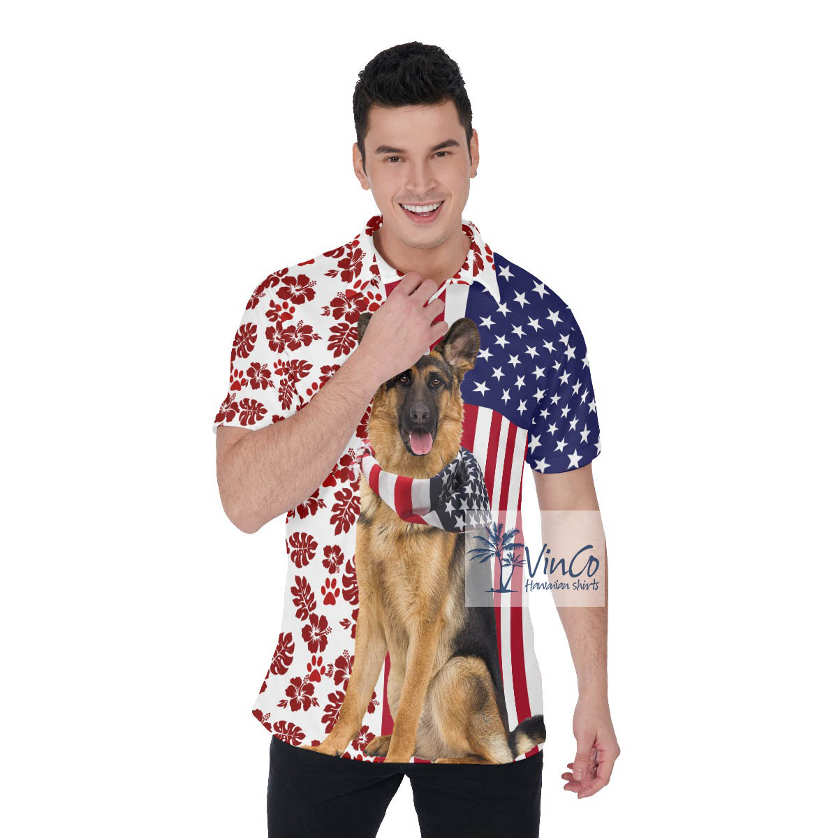 Patriotic German Shepherd Dogs American Flag Hawaiian Polo Shirt For Men - variant image 1