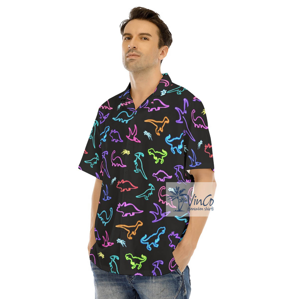 Neon Dinosaur Hawaiian Shirt For Men