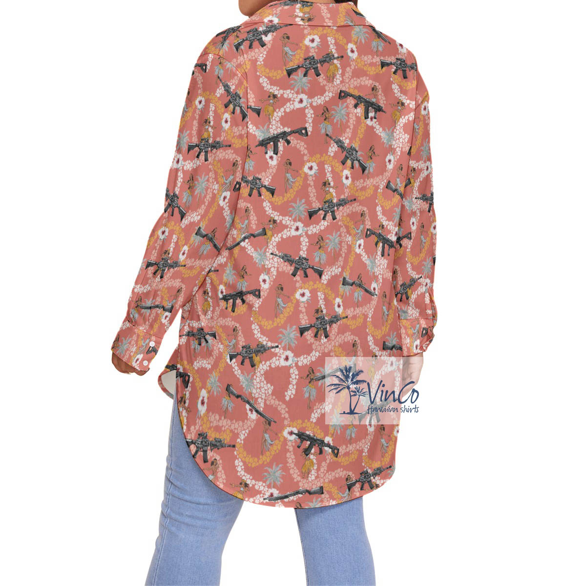 Floral Hula Girl Long Gun Plus Size Aloha Shirt For Women