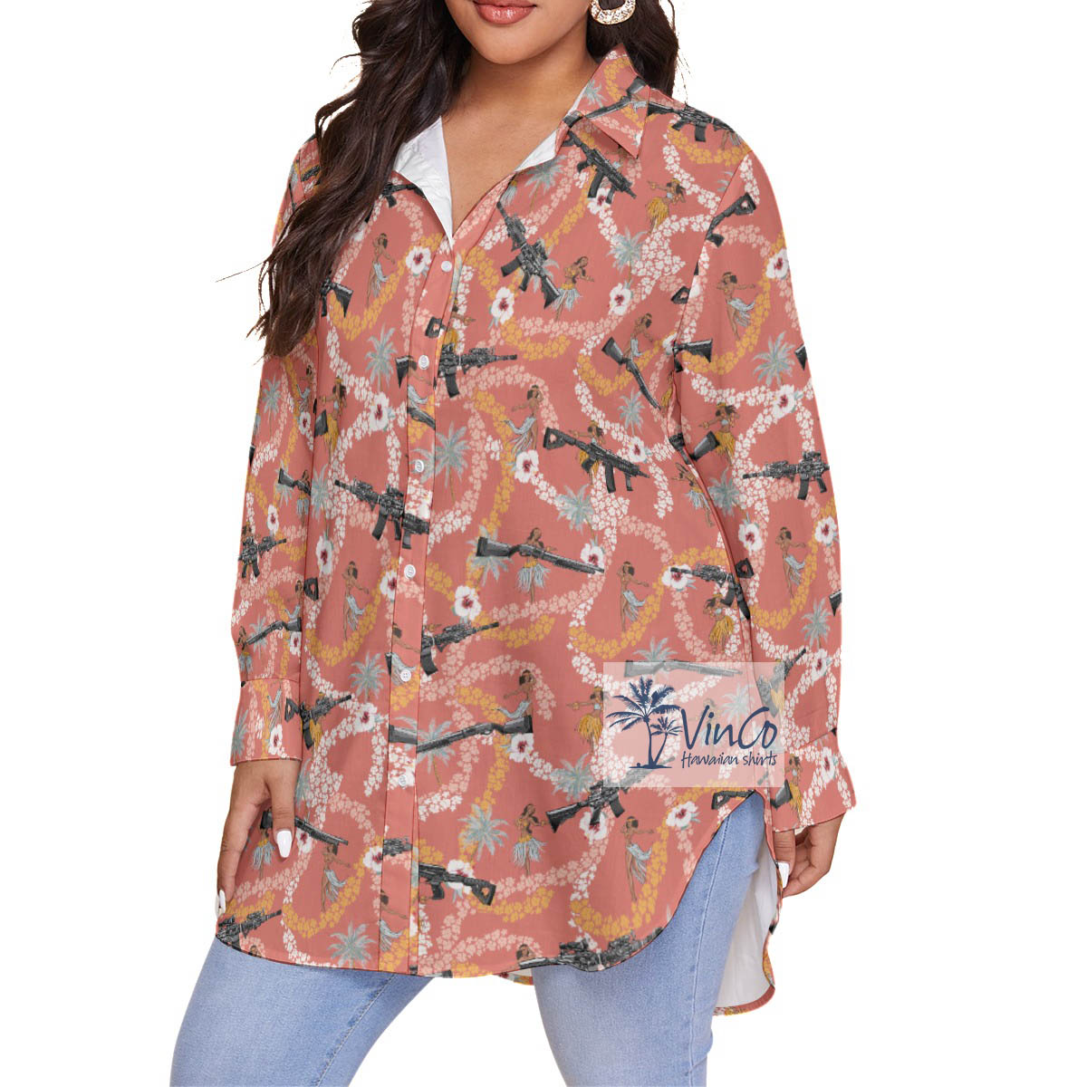 Floral Hula Girl Long Gun Plus Size Aloha Shirt For Women