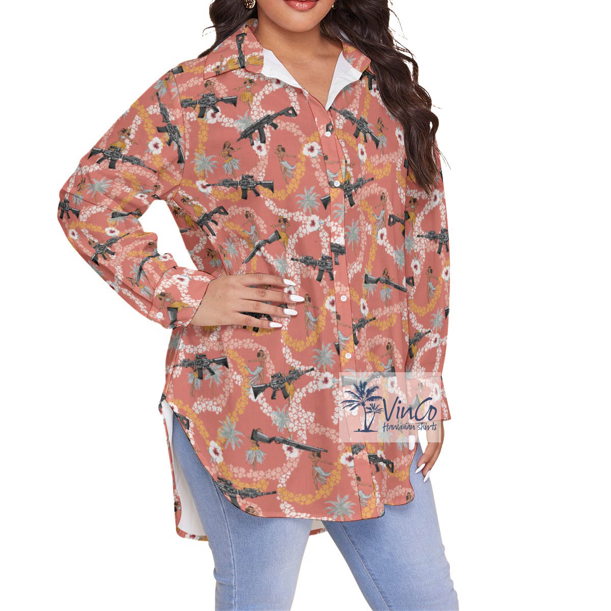 Floral Hula Girl Long Gun Plus Size Aloha Shirt For Women
