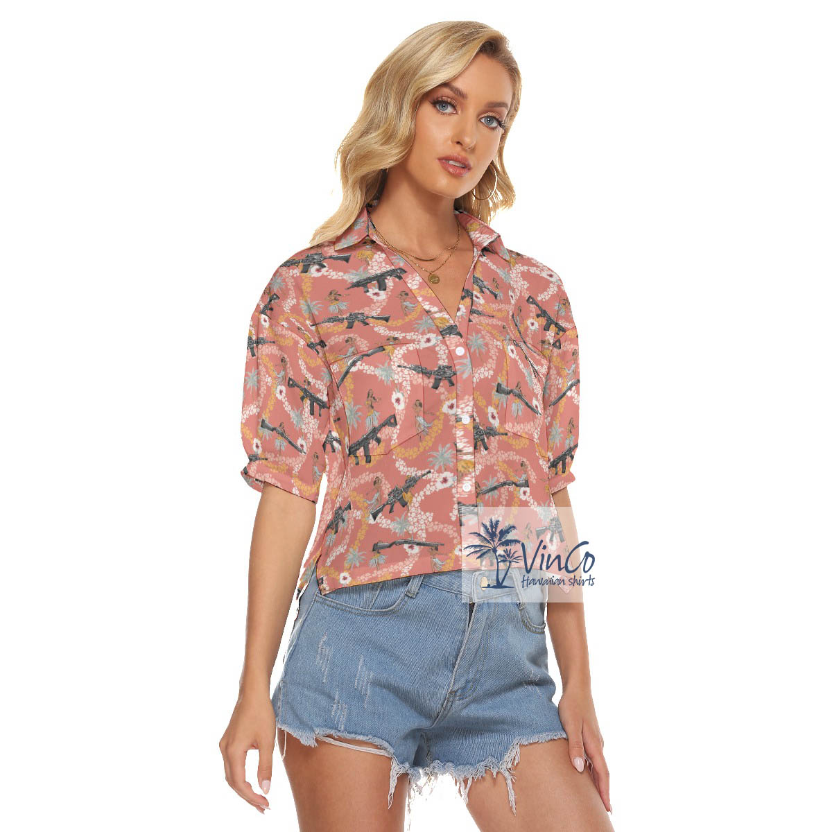 Funny Hula Girl Gun Floral Aloha Crop Top Shirt For Women
